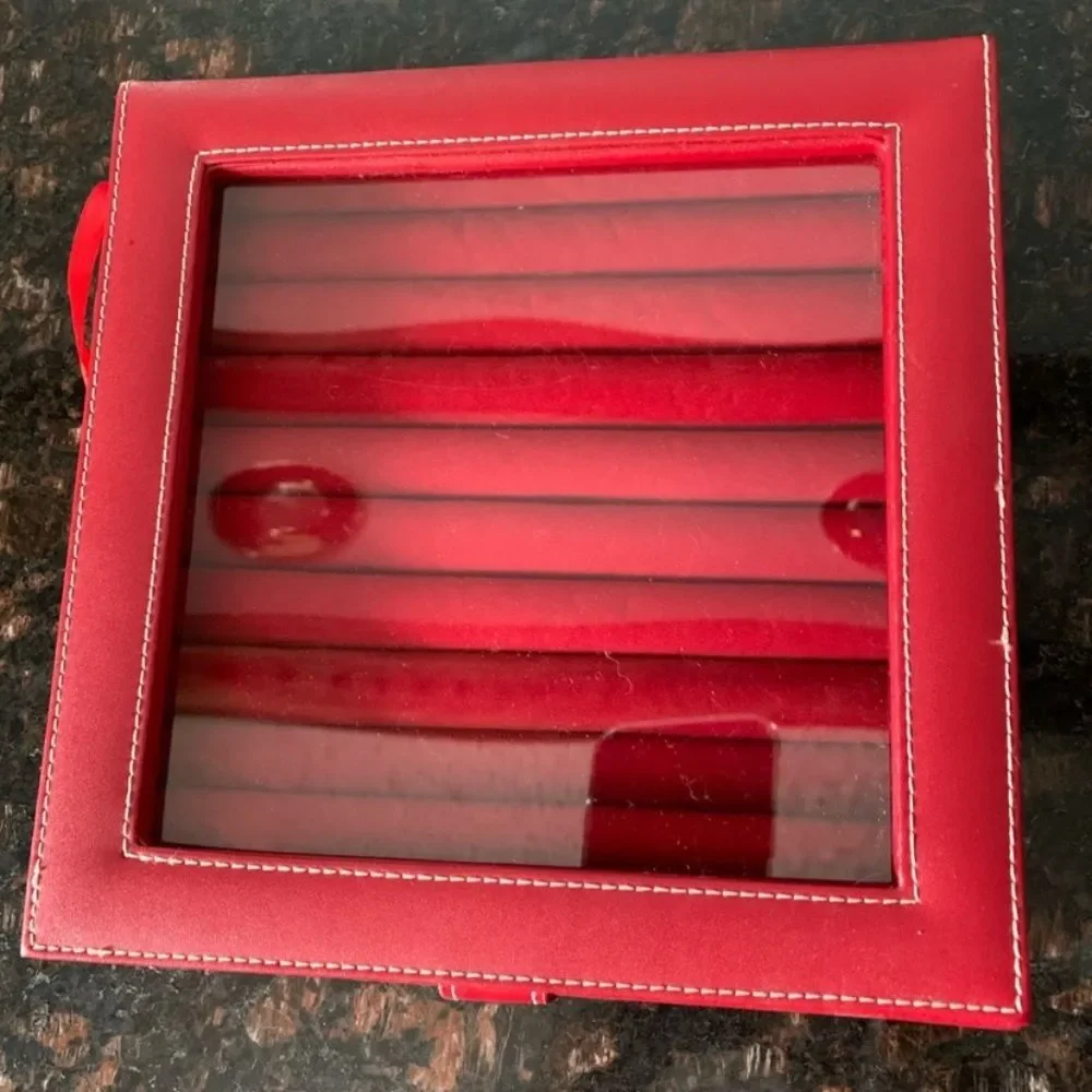 Jewelry red box, velour inside, vegan leather clear plastic screen, 9x9
